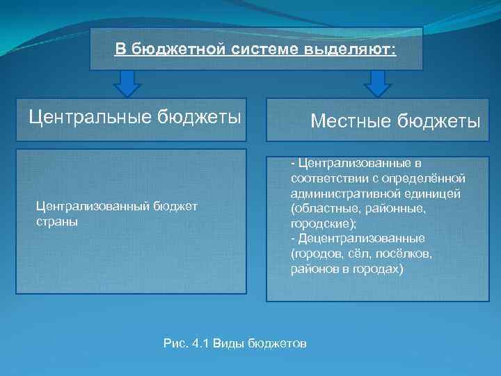 В бюджетной системе выделяют: Центральные бюджеты Централизованный бюджет страны Местные бюджеты - Централизованные в