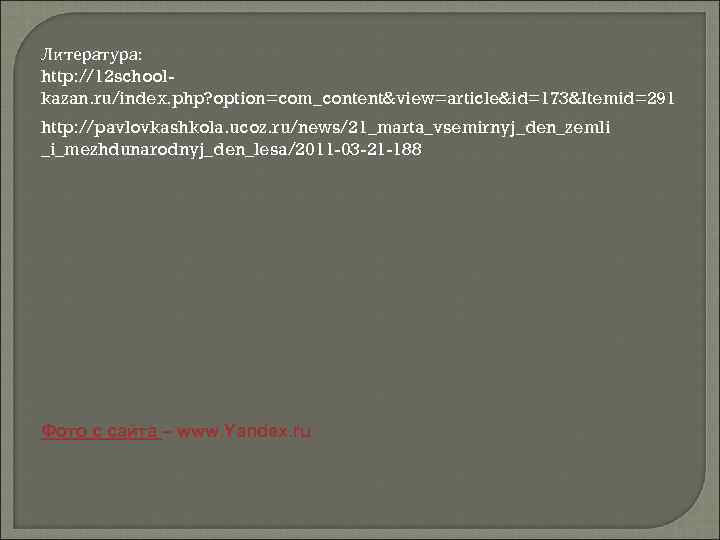 Литература: http: //12 schoolkazan. ru/index. php? option=com_content&view=article&id=173&Itemid=291 http: //pavlovkashkola. ucoz. ru/news/21_marta_vsemirnyj_den_zemli _i_mezhdunarodnyj_den_lesa/2011 -03 -21