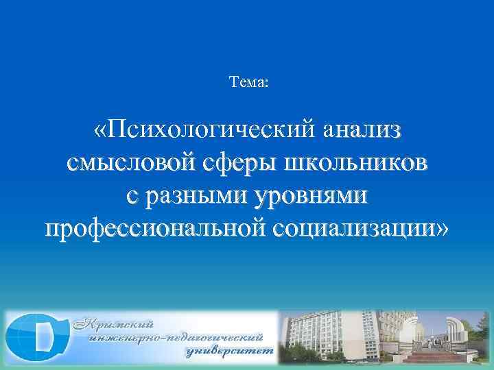 Тема: «Психологический анализ смысловой сферы школьников с разными уровнями профессиональной социализации» социализации 