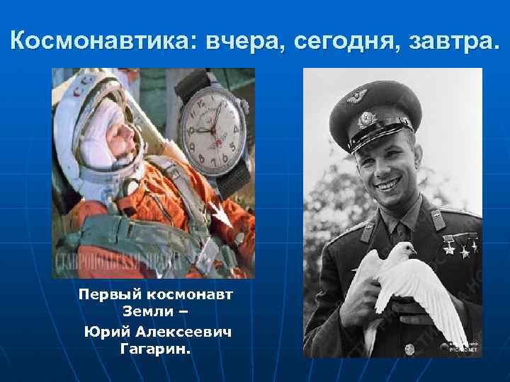 Космонавтика: вчера, сегодня, завтра. Первый космонавт Земли – Юрий Алексеевич Гагарин. 