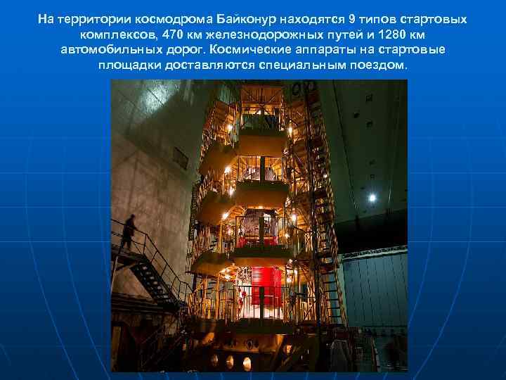 На территории космодрома Байконур находятся 9 типов стартовых комплексов, 470 км железнодорожных путей и