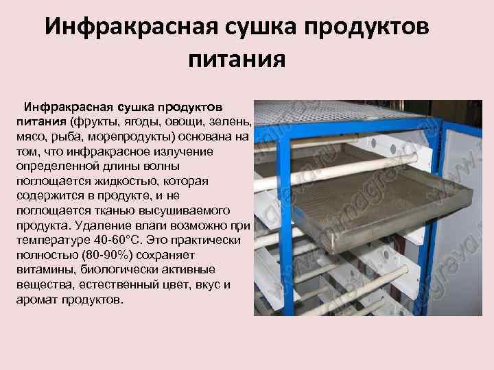 Инфракрасная сушка продуктов питания (фрукты, ягоды, овощи, зелень, мясо, рыба, морепродукты) основана на том,