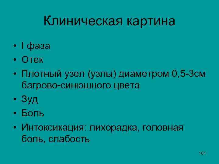  Клиническая картина • I фаза • Отек • Плотный узел (узлы) диаметром 0,