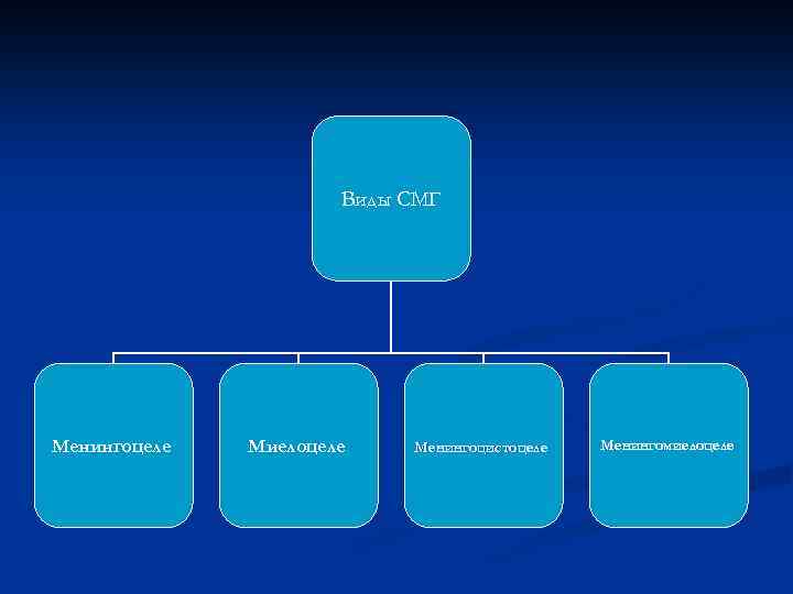 Виды СМГ Менингоцеле Миелоцеле Менингоцистоцеле Менингомиелоцеле 
