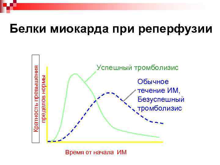 Кратность превышения пределов нормы Белки миокарда при реперфузии Успешный тромболизис Обычное течение ИМ, Безуспешный