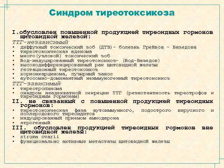 Синдром тиреотоксикоза I. обусловлен повышенной продукцией тиреоидных гормонов щитовидной железой: ТТГ-независимый • • диффузный