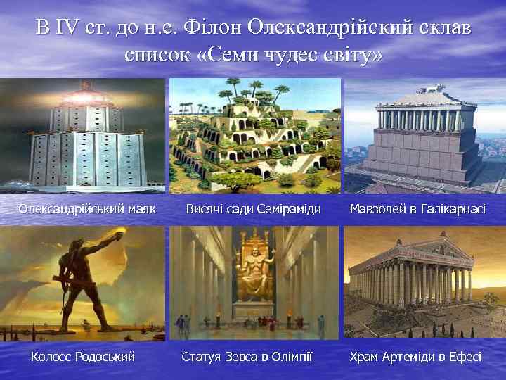 В IV ст. до н. е. Філон Олександрійский склав список «Семи чудес світу» Олександрійський