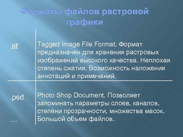 Форматы файлов растровой графики. tif Tagged Image File Format. Формат предназначен для хранения растровых