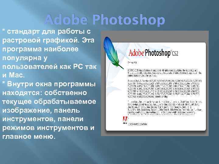 Adobe Photoshop * стандарт для работы с растровой графикой. Эта программа наиболее популярна у