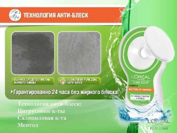 Технология анти-блеск: Цитрусовые к-ты Салициловая к-та Ментол 
