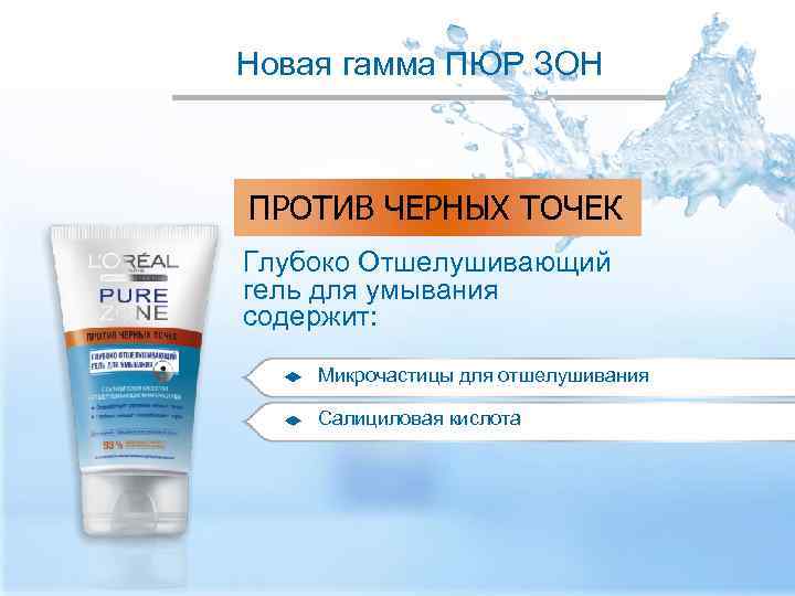 Новая гамма ПЮР ЗОН ПРОТИВ ЧЕРНЫХ ТОЧЕК Глубоко Отшелушивающий гель для умывания содержит: Микрочастицы