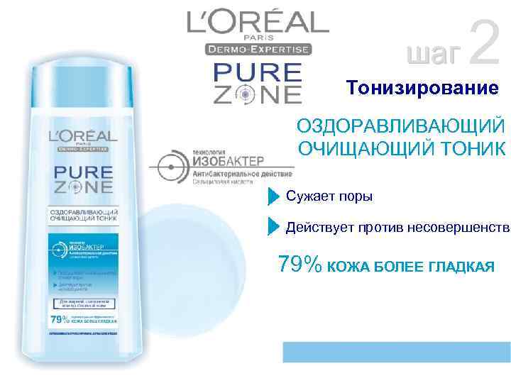шаг 2 Тонизирование ОЗДОРАВЛИВАЮЩИЙ ОЧИЩАЮЩИЙ ТОНИК Сужает поры Действует против несовершенств 79% КОЖА БОЛЕЕ