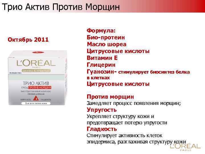 Трио Актив Против Морщин Октябрь 2011 Формула: Био-протеин Масло шореа Цитрусовые кислоты Витамин Е