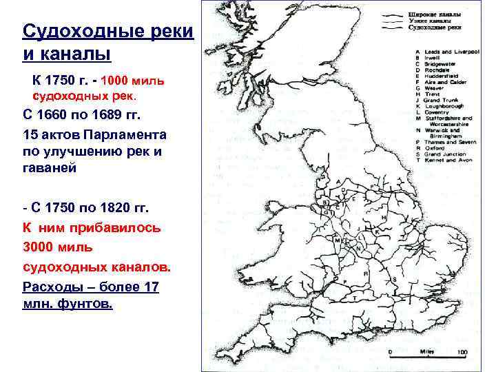 Судоходные реки и каналы К 1750 г. - 1000 миль судоходных рек. С 1660