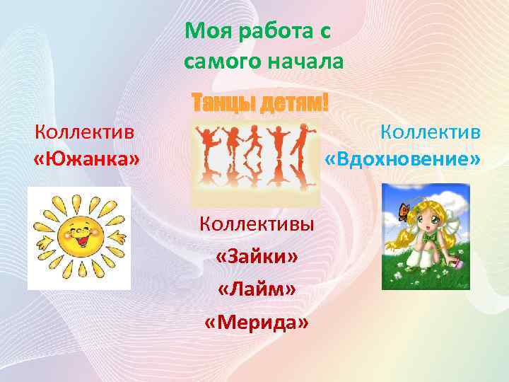 Моя работа с самого начала Коллектив «Южанка» Танцы детям! Коллектив «Вдохновение» Коллективы «Зайки» «Лайм»