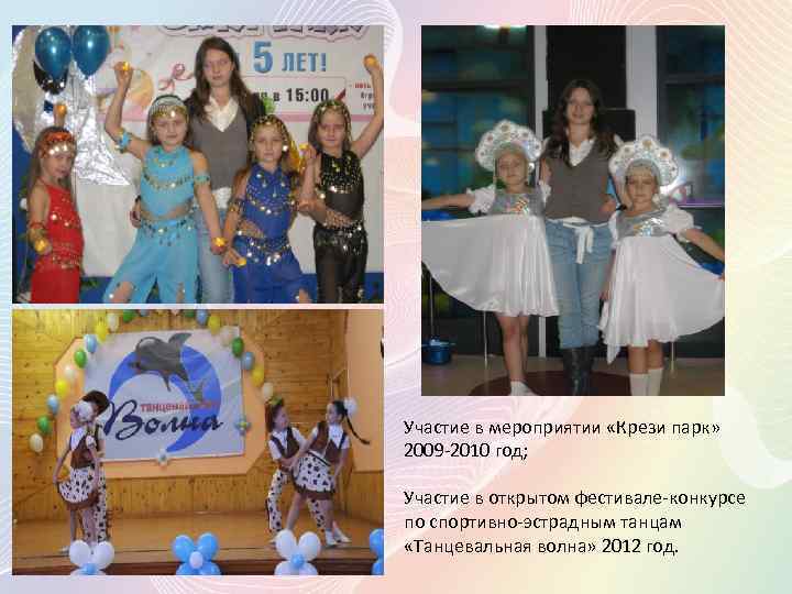Участие в мероприятии «Крези парк» 2009 -2010 год; Участие в открытом фестивале-конкурсе по спортивно-эстрадным