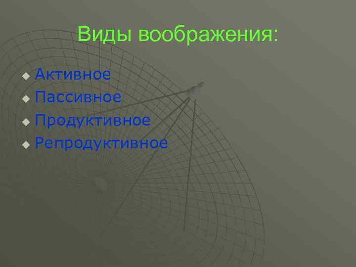 Виды воображения: Активное u Пассивное u Продуктивное u Репродуктивное u 