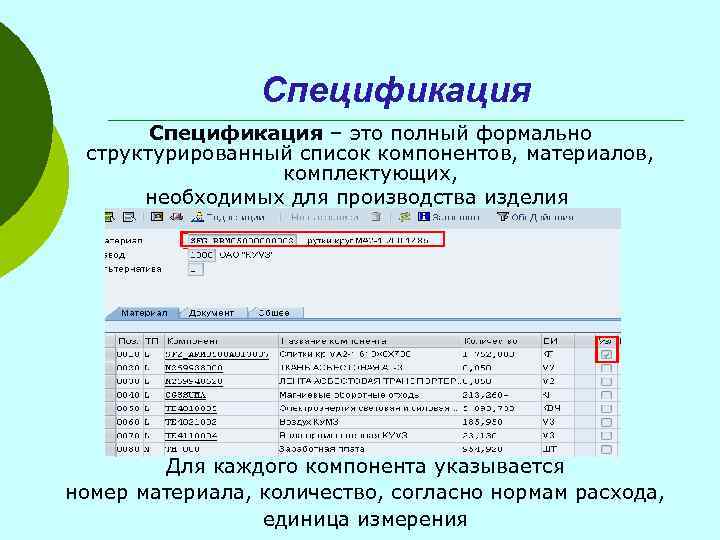 Спецификация – это полный формально структурированный список компонентов, материалов, комплектующих, необходимых для производства изделия