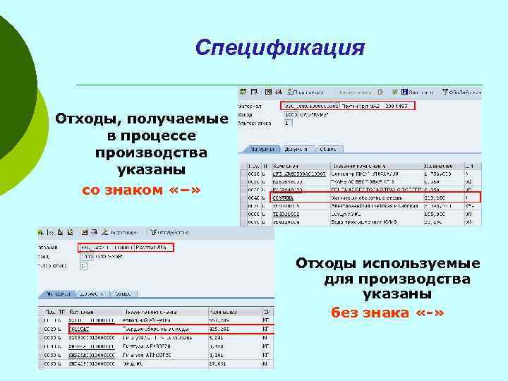 Спецификация Отходы, получаемые в процессе производства указаны со знаком «–» Отходы используемые для производства