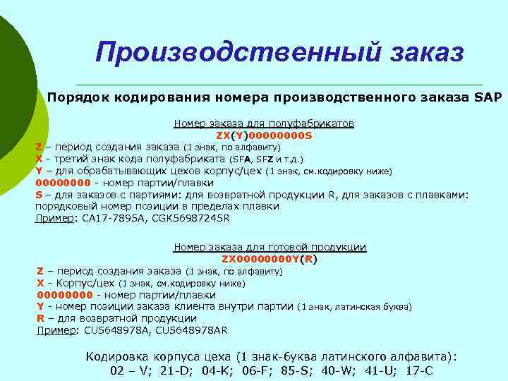 Производственный заказ Порядок кодирования номера производственного заказа SAP Номер заказа для полуфабрикатов ZX(Y)0000 S