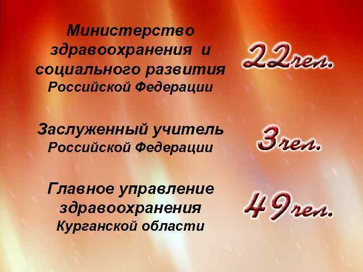 Министерство здравоохранения и социального развития Российской Федерации Заслуженный учитель Российской Федерации Главное управление здравоохранения