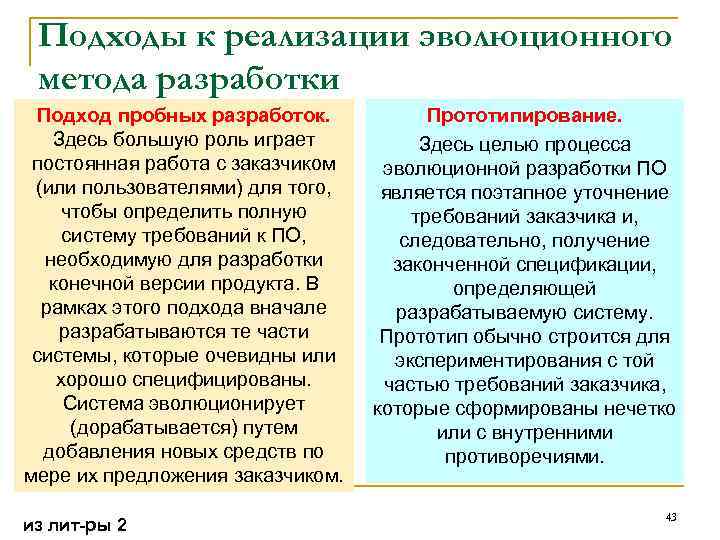 Подходы к реализации эволюционного метода разработки Подход пробных разработок. Здесь большую роль играет постоянная