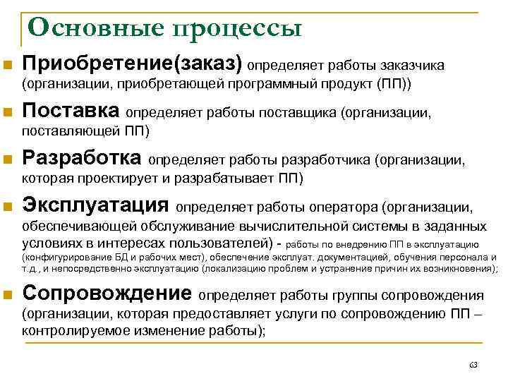 Основные процессы n Приобретение(заказ) определяет работы заказчика (организации, приобретающей программный продукт (ПП)) n Поставка
