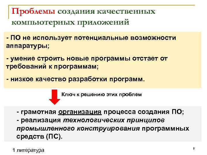 Проблемы создания качественных компьютерных приложений - ПО не использует потенциальные возможности аппаратуры; - умение