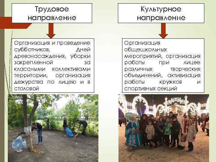 Трудовое направление Культурное направление Организация и проведение субботников, Дней древонасаждения, уборки закрепленной за классными