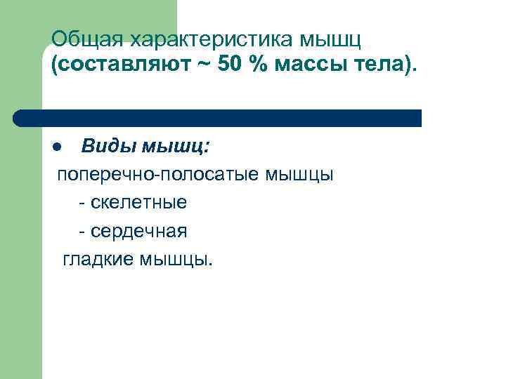 Общая характеристика мышц (составляют ~ 50 % массы тела). Виды мышц: поперечно-полосатые мышцы -