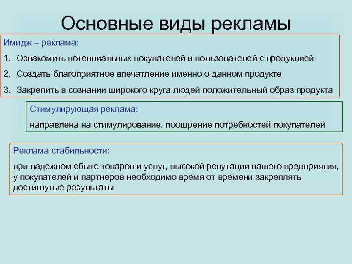 Основные виды рекламы Имидж – реклама: 1. Ознакомить потенциальных покупателей и пользователей с продукцией