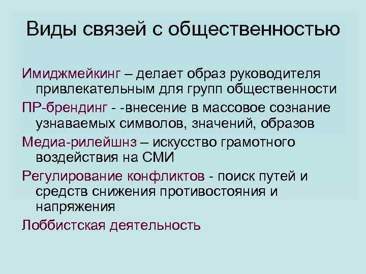 Средства ведет. Виды связей с общественностью. Виды имиджмейкинга. Приёмы имиджмейкинга. Имиджмейкинг политика.