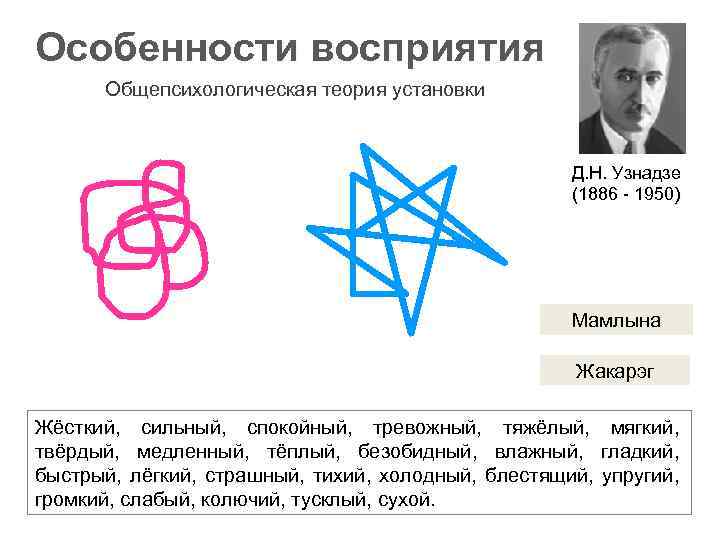 Особенности восприятия Общепсихологическая теория установки Д. Н. Узнадзе (1886 - 1950) Мамлына Жакарэг Жёсткий,
