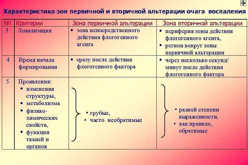 Характеристика зон первичной и вторичной альтерации очага воспаления № Критерии 3 Локализация 4 Время