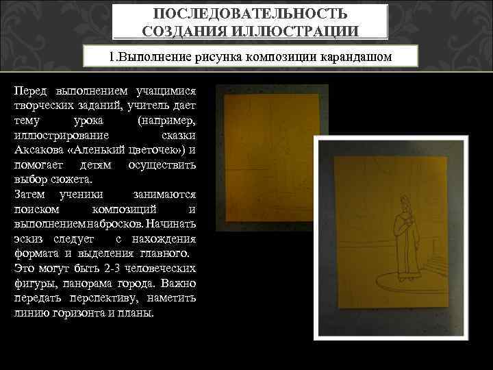 ПОСЛЕДОВАТЕЛЬНОСТЬ СОЗДАНИЯ ИЛЛЮСТРАЦИИ 1. Выполнение рисунка композиции карандашом Перед выполнением учащимися творческих заданий, учитель