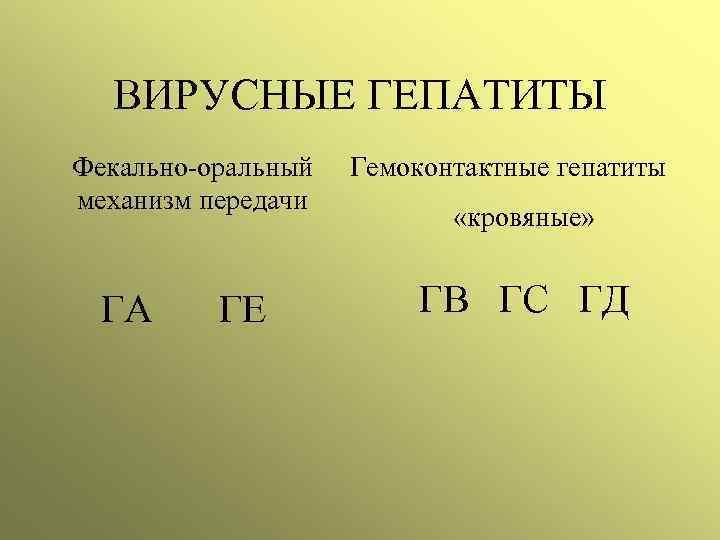 ВИРУСНЫЕ ГЕПАТИТЫ Фекально-оральный механизм передачи ГА ГЕ Гемоконтактные гепатиты «кровяные» ГВ ГС ГД 