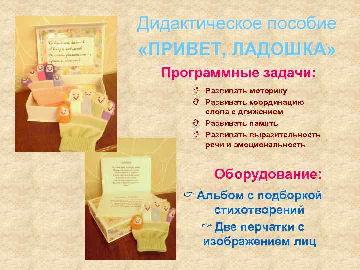Дидактическое пособие «ПРИВЕТ, ЛАДОШКА» Программные задачи: Развивать моторику Развивать координацию слова с движением Развивать