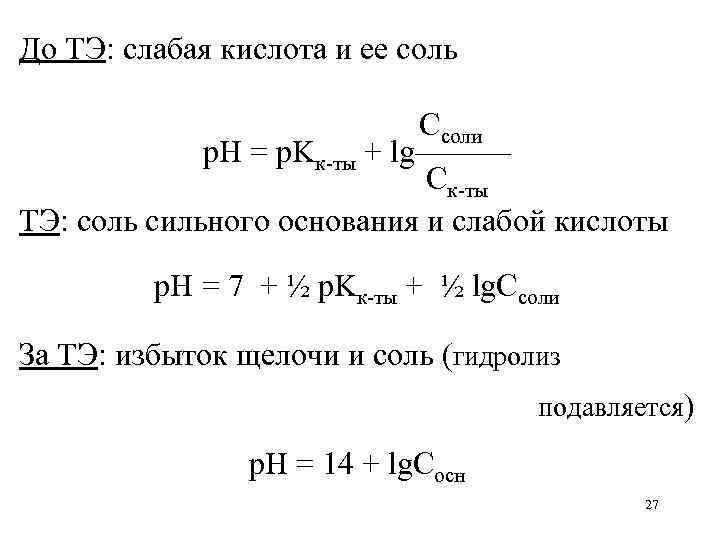 До ТЭ: слабая кислота и ее соль Ссоли р. Н = p. Kк-ты +