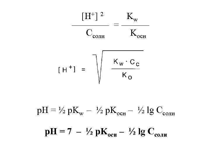 [H+] 2 Kw ———— = ——— Ссоли Kосн p. H = ½ p. Kw