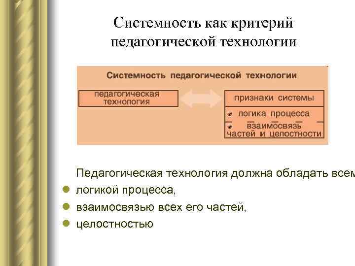 Системность как критерий педагогической технологии Педагогическая технология должна обладать всем l логикой процесса, l