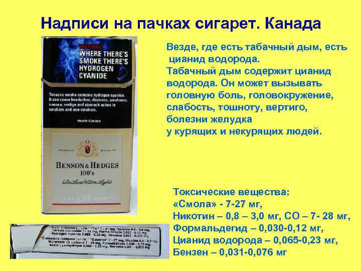 Надписи на пачках сигарет. Канада Везде, где есть табачный дым, есть цианид водорода. Табачный
