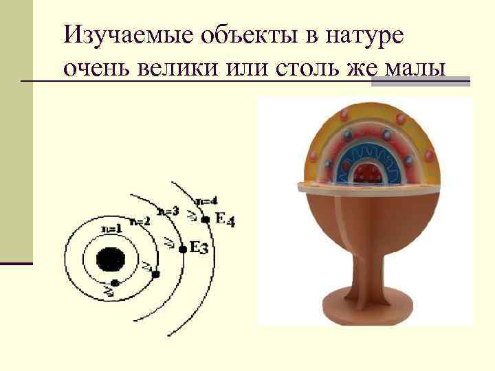 Изучаемые объекты в натуре очень велики или столь же малы 