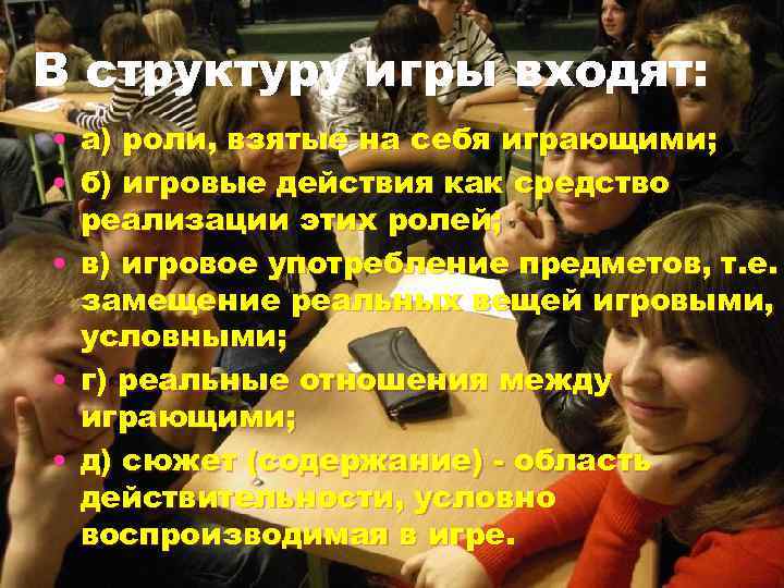 В структуру игры входят: • а) роли, взятые на себя играющими; • б) игровые