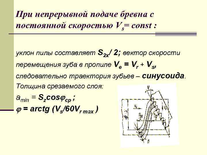 При непрерывной подаче бревна с постоянной скоростью Vs= const : уклон пилы составляет S