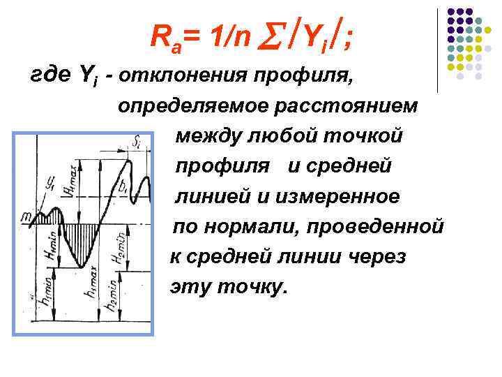 Ra= 1/n Yi ; где Yi - отклонения профиля, определяемое расстоянием между любой точкой