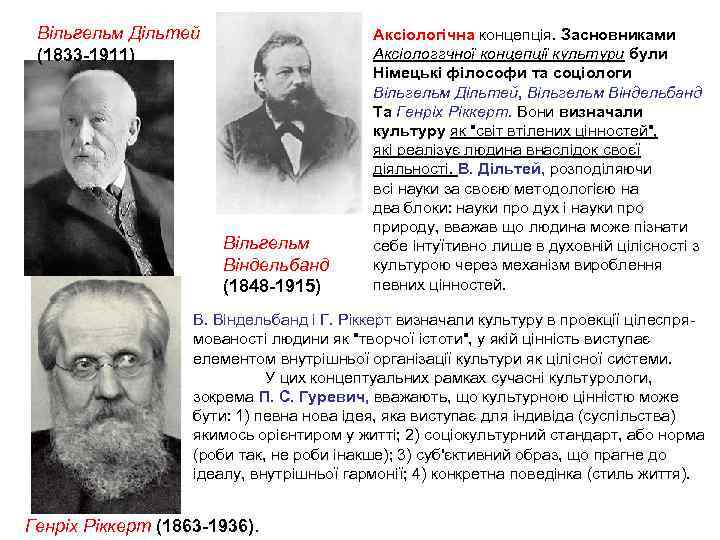 Вільгельм Дільтей (1833 1911) Вільгельм Віндельбанд (1848 1915) Аксіологічна концепція. Засновниками Аксіологгчної концепції культури