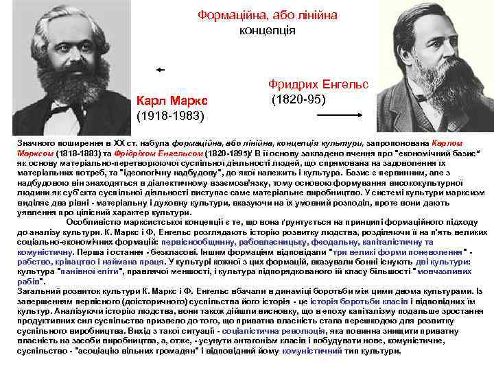 Формаційна, або лінійна концепція Карл Маркс (1918 1983) Фридрих Енгельс (1820 95) Значного поширення