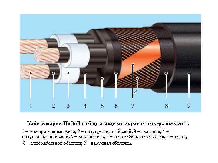 Кабель марки Пв. Эо. В с общим медным экраном поверх всех жил: 1 –