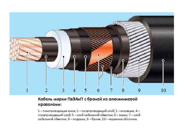 Кабель марки Пв. ЭАк. П с броней из алюминиевой проволоки: 1 – токопроводящая жила;