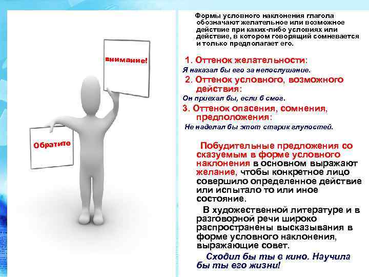 внимание! Формы условного наклонения глагола обозначают желательное или возможное действие при каких-либо условиях или